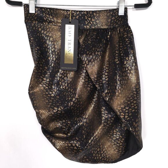 NWT BAO TRANCHI Mini Skirt MEDIUM Black Gold Snake Print Draped Wrap USA MADE